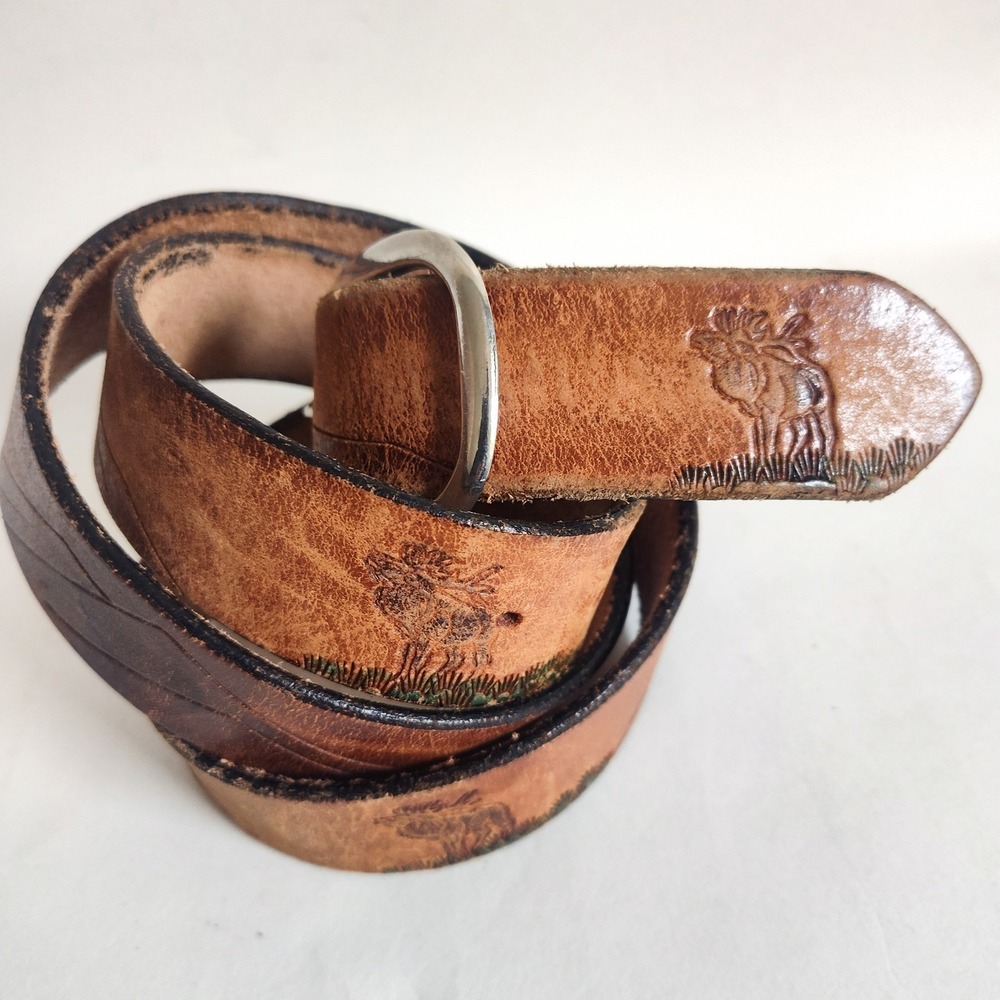 Vintage Belt Moose Western Animals Mountain Range Waist 43"-47"‎ Brown Leather